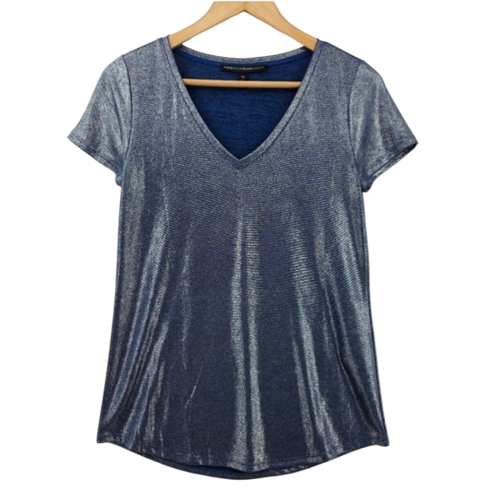 White House Black Market Blue Metallic Jersey V-neck Tee Women's Extra Small